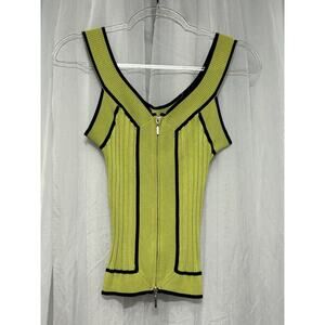 VTG Y2K 90s Cache Silk Blend Ribbed Knit Tank Top Double Zip Green Black XS